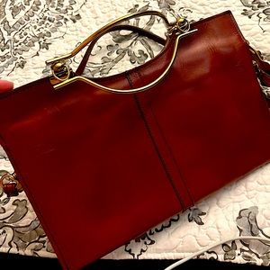 Vintage Brown Faux Leather Envelope Clutch with Gold Tone Hardware and Handles.